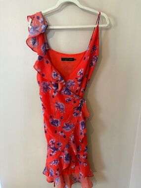 House of Harlow 1960 Red Asymmetrical Floral Ruffle Dress
